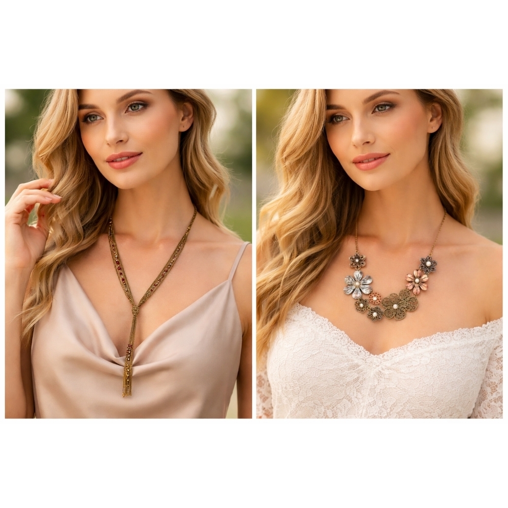 Boho Mixed Metal Necklace Bundle Floral Statement & Gold Lariat Layered Set